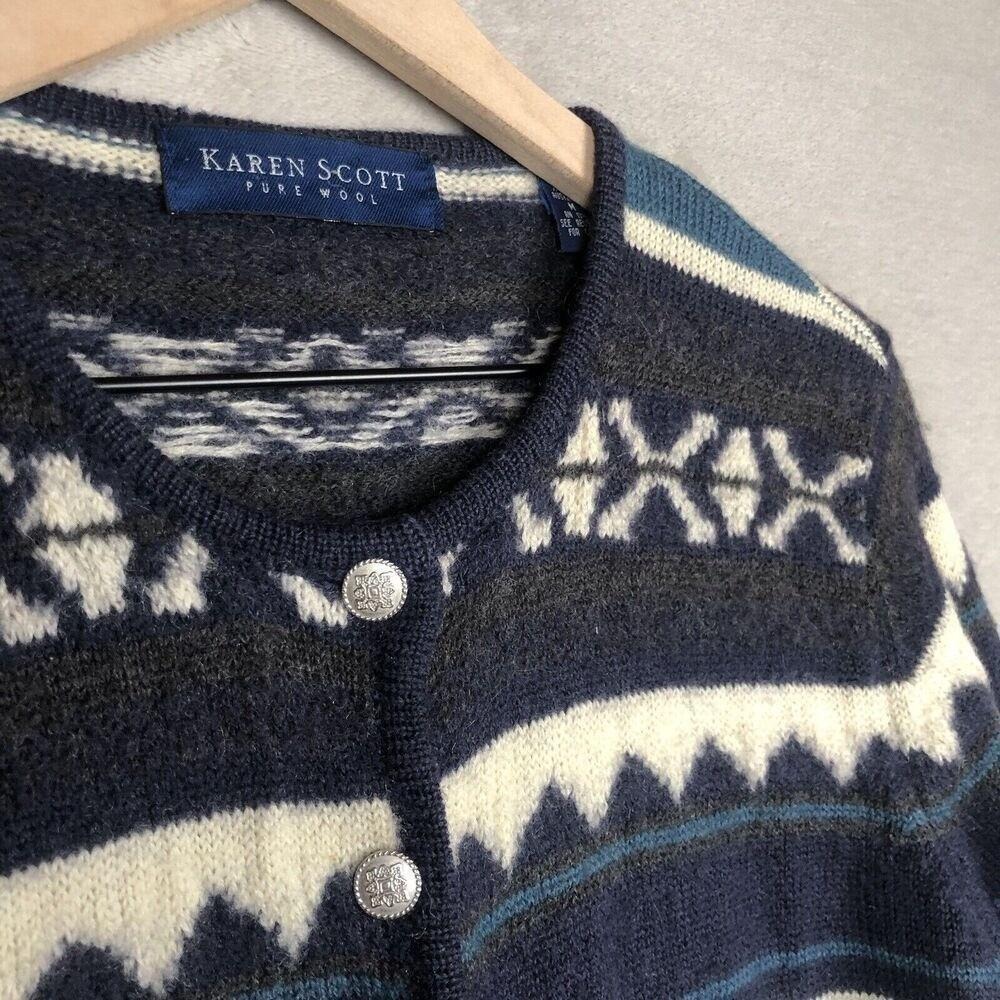 VTG KAREN SCOTT 100% Wool Cardigan Women's Sz M Black Blue Metal Button Sweater - Picture 13 of 13